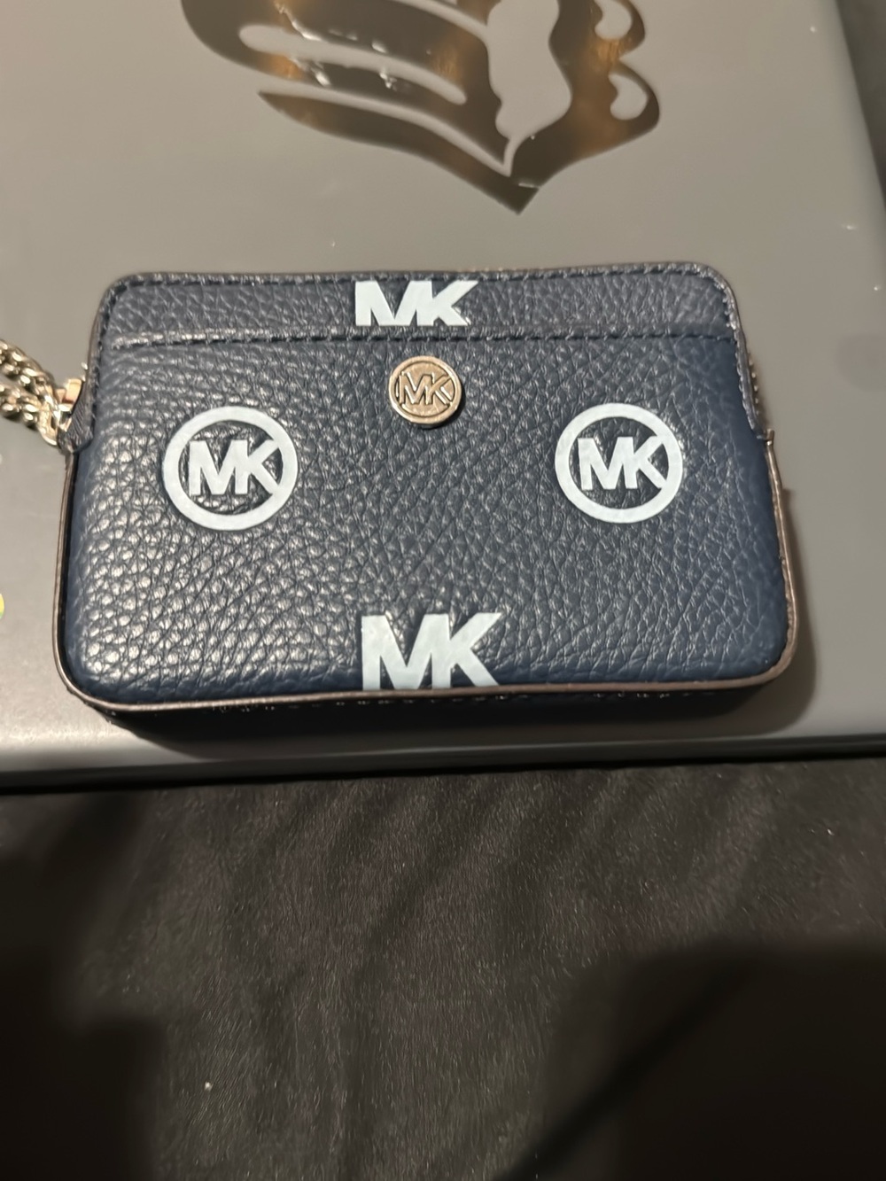 Michael Kors Navy Blue Leather MK Logo Card Wallet with Gold Accent